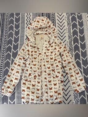 NWOT: Butterfly Print Hooded Rain Jacket - White with Orange Butterflies